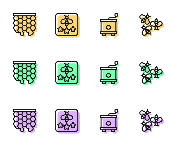 Set line Extractor de miel, panal, tipo de abeja y abejas icono. Vector — Archivo Imágenes Vectoriales