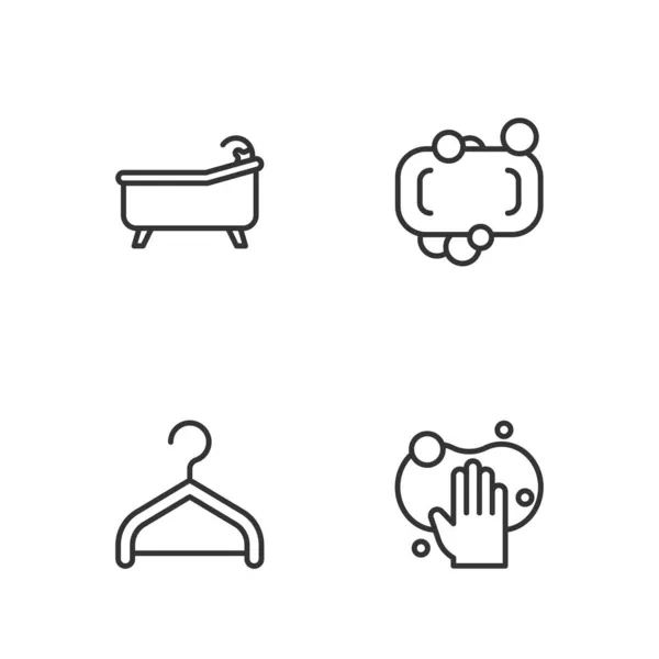 Ställ linje Svamp, Hanger garderob, Badkar och Bar tvål ikon. Vektor — Stock vektor