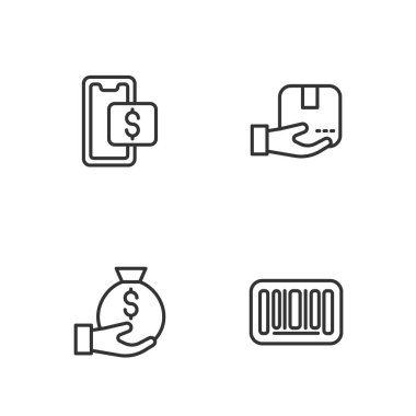 Barkod, para çantası, mobil alışveriş ve kutu ikonlu teslimatçı. Vektör