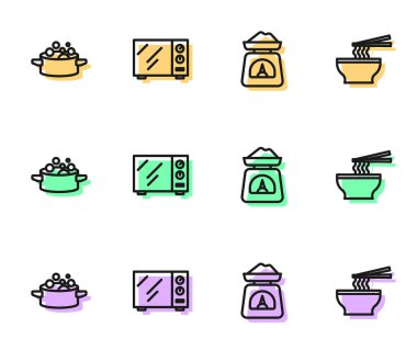 Hat ölçekleri, pişirme kabı, mikrodalga fırın ve Asya erişte kasesi ikonu. Vektör