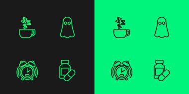 Uyku hapı, alarm saati, papatya çayı ve hayalet ikonu. Vektör