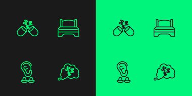 Uykucu, Kulak tıkacı, Uyku hapı ve Büyük Yatak ikonu. Vektör