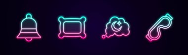 Satır Zili, Yastık, Rüyalar ve Göz Maskesi. Parlayan neon ikonu. Vektör