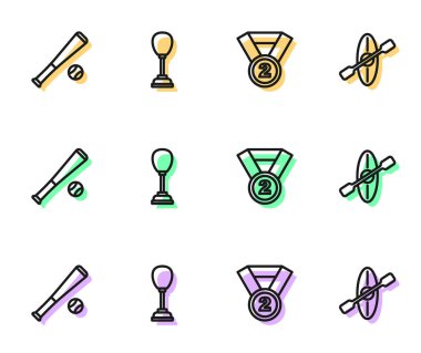 Çizgi madalyası, beysbol sopası, kum torbası ve kano ve kürek ikonu. Vektör