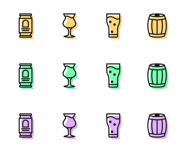 Set line Vaso de cerveza, lata de cerveza e icono de barril de madera. Vector — Vector de stock