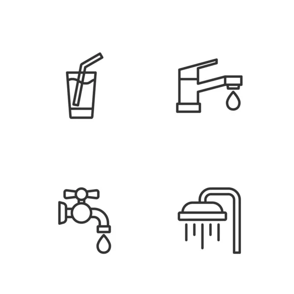 Set line Shower, Water tap, Glass with water and icon. Vector — Stock Vector