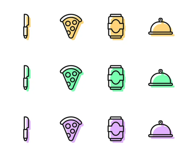 Набор линии соды может, нож, ломтик пиццы и покрыты лоток пищевой иконкой. Вектор — стоковый вектор