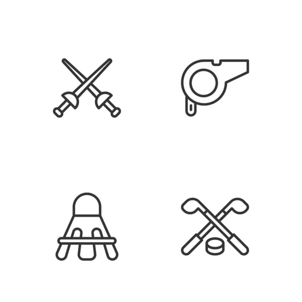 Definir linha Varas de hóquei no gelo e disco, Badminton Shuttlecock, Esgrima e Whistle ícone. Vetor —  Vetores de Stock