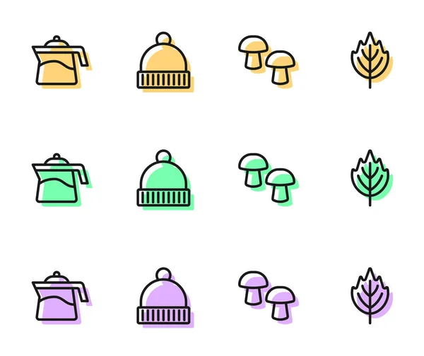 Set line houby, konvice, zimní klobouk a ikona List. Vektor — Stockový vektor