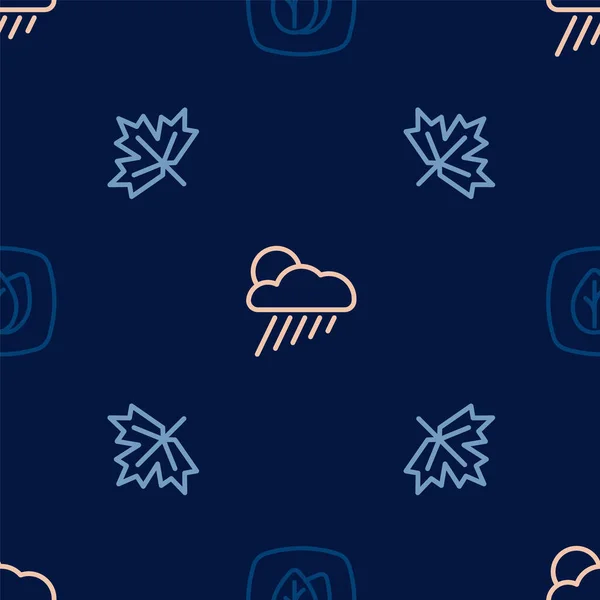 Σετ γραμμή Φύλλο, φύλλο σφενδάμου Καναδά και σύννεφο με βροχή και ήλιο σε απρόσκοπτη μοτίβο. Διάνυσμα — Διανυσματικό Αρχείο
