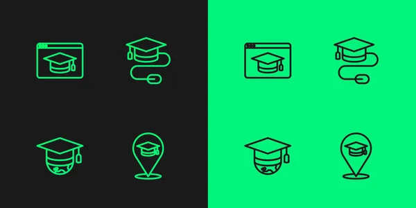 Définir la ligne Éducation en ligne, Graduation cap globe, et avec l'icône de la souris. Vecteur — Image vectorielle