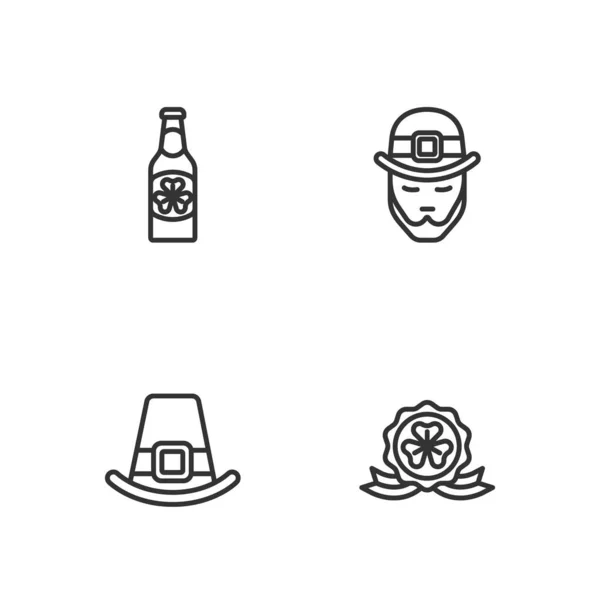 Set medalla de línea con trébol, sombrero de duende, botella de cerveza e icono. Vector — Vector de stock