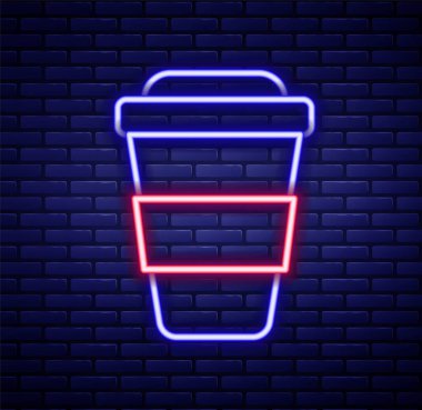 Parlayan neon hatlı kahve fincanı tuğla duvar arkasında izole edilmiş bir ikon haline gelecek. Renkli taslak konsepti. Vektör