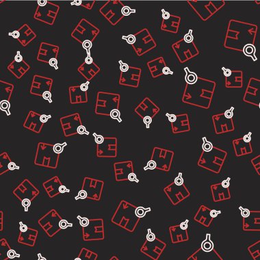 Satır Arama paket simgesi siyah arkaplanda izole edilmiş kusursuz desen. Paket izleme sembolü. Büyüteç ve karton kutu. Lojistik ve teslimat. Vektör