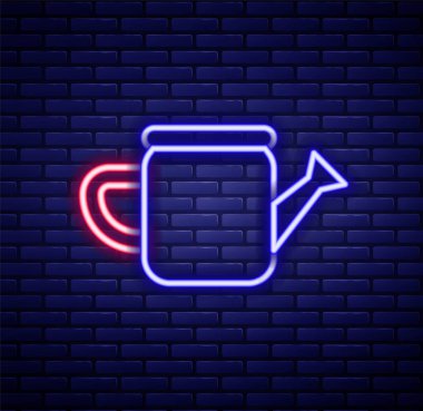 Parlayan neon hattı. Su kutusu simgesi tuğla duvar arkasında izole edilmiş. Sulama sembolü. Renkli taslak konsepti. Vektör