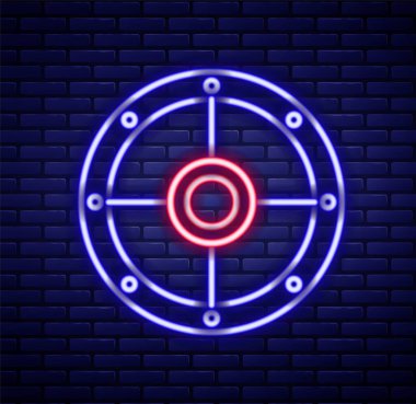 Parlak neon çizgisi yuvarlak tahta kalkan ikonu tuğla duvar arka planında izole edilmiş. Güvenlik, güvenlik, koruma, mahremiyet, koruma kavramı. Renkli taslak konsepti. Vektör