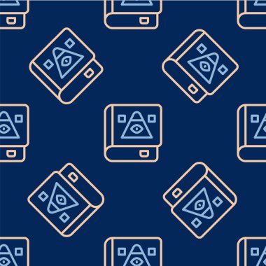 Simya tarifleri, mistik büyüler ve büyüler içeren çizgi Kadim büyü kitabı mavi arka planda izole edilmiş kusursuz desen. Vektör