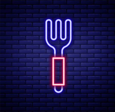 Parlayan neon hattı Fork simgesi tuğla duvar arka planında izole edildi. Çatal bıçak sembolü. Renkli taslak konsepti. Vektör