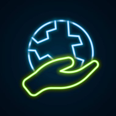 Parlayan neon hattı. Dünya 'nın simgesini tutan insan eli. Siyah arka planda izole edilmiş. Dünya kavramını sakla. Renkli taslak konsepti. Vektör