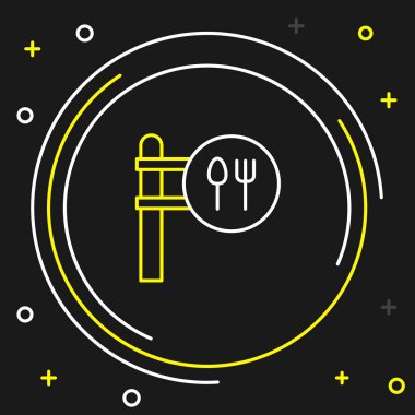 Line Cafe ve restoran konumu simgesi siyah arka planda izole edildi. Noktanın içinde çatal ve kaşık yeme işareti var. Renkli taslak konsepti. Vektör.