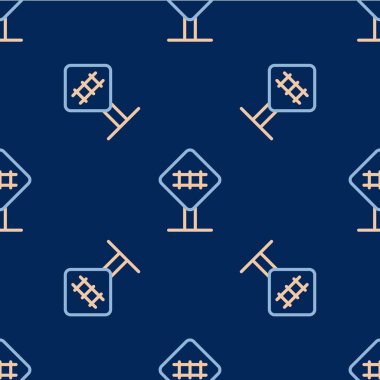 Demiryolu geçiş ikonu mavi arka planda izole edilmiş pürüzsüz desen. Demiryolu tabelası. Vektör