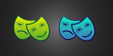 Yeşil ve mavi komedi ve trajedi teatral maskeler siyah arka planda izole edilmiş. Vektör