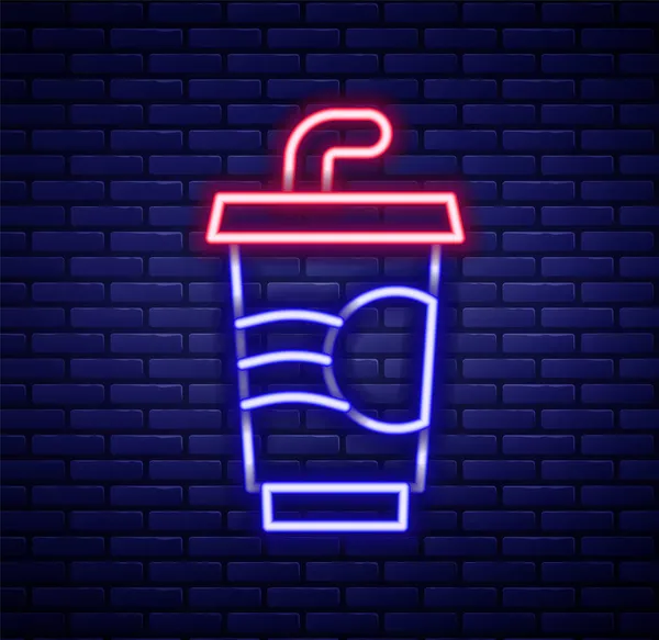 Duvarda izole edilmiş pipet ve su ikonu ile parlayan neon şeritli kağıt bardak. Soda bardağı. Taze soğuk içecek sembolü. Renkli taslak konsepti. Vektör