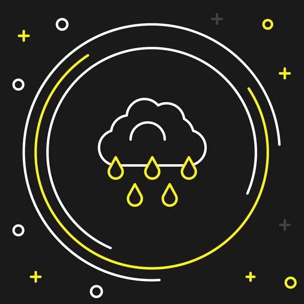 黒い背景に雨のアイコンが隔離されたラインクラウド 雨滴と雨の雲の降水量 カラフルなアウトラインコンセプト ベクトル — ストックベクタ