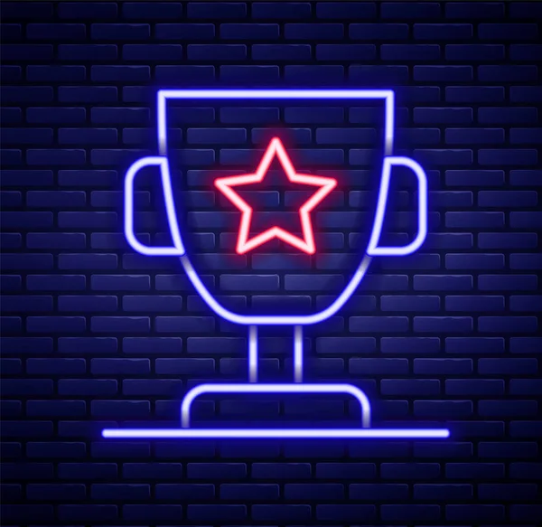 Glowing Neon Line Award Cup Icon Isolated Brick Wall Background — Stock Vector