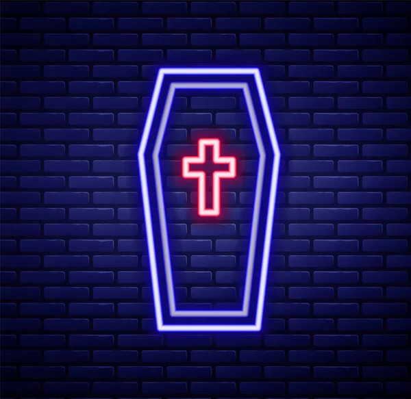 Glowing Neon Line Coffin Christian Cross Icon Isolated Brick Wall — Stock Vector