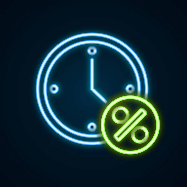 Glowing Neon Line Clock Percent Discount Icon Isolated Black Background — Stock Vector