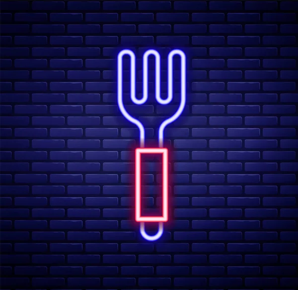 发光的霓虹灯线叉子图标隔离在砖墙背景 餐具的象征 五彩缤纷的概念 — 图库矢量图片