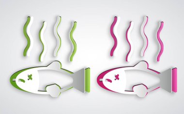 Kağıt kesiği. Gri arkaplanda ölü balık ikonu var. Çürük balık. Kağıt sanatı tarzı. Vektör