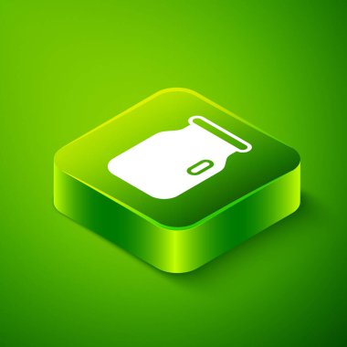 Yeşil zemin üzerinde vida kapağı simgesi olan Isometric Glass kavanozu. Yeşil kare düğmesi. Vektör