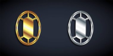 Altın ve gümüş renkli taş ikonu siyah arkaplanda izole edilmiş. Mücevher sembolü. Elmas. Uzun gölge tarzı. Vektör