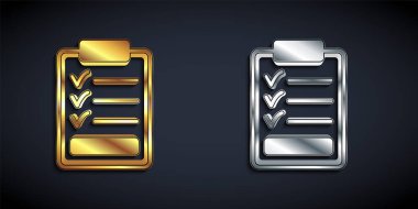 Siyah arkaplanda kontrol listesi simgesi olan altın ve gümüş pano. Kontrol listesi sembolü. Anket anketi ya da anket geri bildirim formu. Uzun gölge tarzı. Vektör