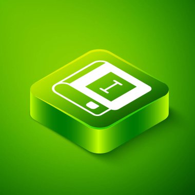 Isometric Book simgesi yeşil arkaplanda izole edildi. İlk cilt. Yeşil kare düğmesi. Vektör