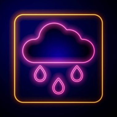 Siyah zemin üzerinde izole edilmiş yağmur ikonu olan parlak neon bulutu. Yağmur damlaları ile yağmur bulutu yağışı. Vektör