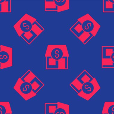 Kırmızı Alış veriş binası ya da market simgesi mavi arka planda izole edilmiş pürüzsüz desen. Dükkan inşaatı. Vektör