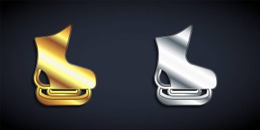 Siyah arka planda izole edilmiş altın ve gümüş patenler. Buz pateni ayakkabısı ikonu. Kılıçlı spor botlar. Uzun gölge tarzı. Vektör