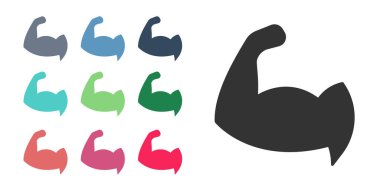 Siyah vücut geliştirici beyaz arka planda izole edilmiş kas simgesini gösteriyor. Formda kalmak, güçlü sağlık hobisi kavramı. Simgeleri renklendirin. Vektör