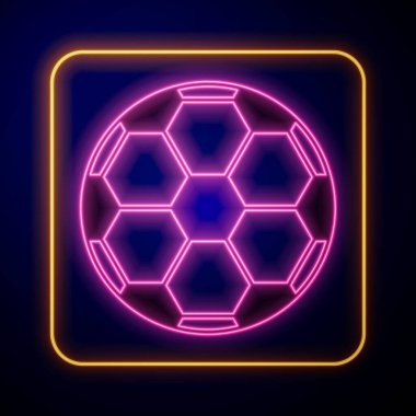 Parlayan neon futbol topu ikonu siyah arka planda izole edildi. Spor malzemeleri. Vektör