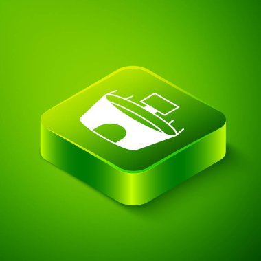 Yeşil arka planda izole edilmiş Isometric Stadyum ikonu. Arena sembolü. Yeşil kare düğmesi. Vektör