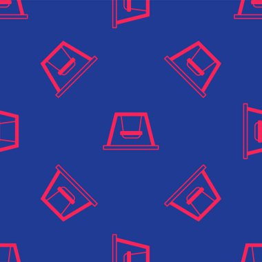 Çocuklar için yaz oyunları için kırmızı salıncak. Oyun alanındaki ikon mavi arka planda izole edilmiş pürüzsüz şablon. Açık hava eğlence ekipmanları. Vektör