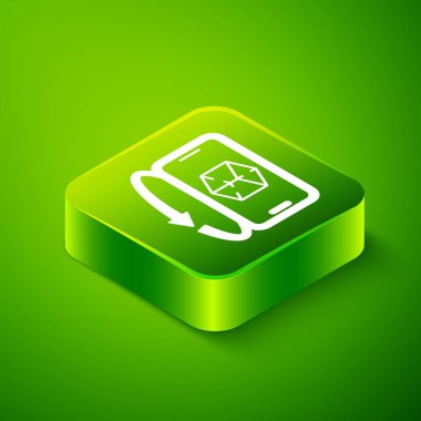 Isometric 3d model simgesi yeşil arkaplanda izole edildi. Artırılmış gerçeklik mi yoksa sanal gerçeklik mi? Yeşil kare düğmesi. Vektör