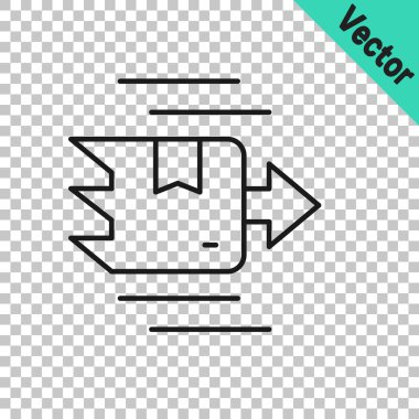 Şeffaf arkaplanda siyah çizgi karton kutu simgesi izole edildi. Kutu, paket, paket işareti. Teslimat ve ambalaj. Vektör