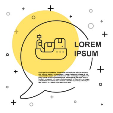 Beyaz zemin üzerinde kutucuk servis simgesi olan siyah çizgi kargo gemisi. Teslimat, ulaşım. Paketleri, kutuları, malları olan bir şilep. Rastgele dinamik şekiller. Vektör