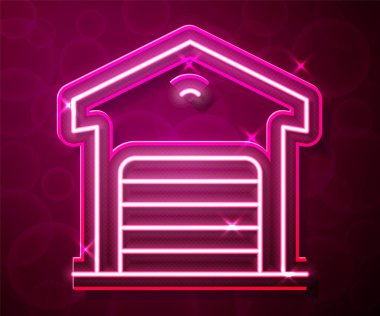 Parlayan neon hattı Depo simgesi kırmızı arkaplanda izole edildi. Vektör