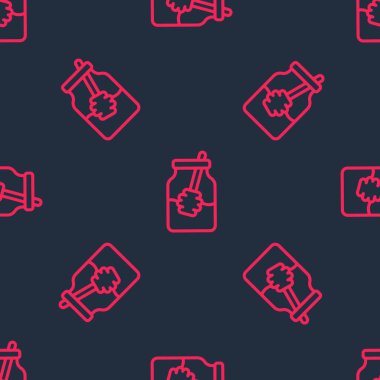 Kırmızı çizgi kavanozu ve bal kavanozu simgesi siyah arkaplanda izole edilmiş. Yiyecek bankası. Tatlı doğal gıda sembolü. Tatlı kepçe. Vektör