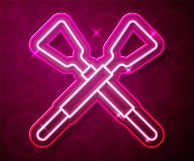 Parlayan neon hattı kırmızı arka planda izole edilmiş kürekleri ya da kürekleri çaprazladı. Vektör